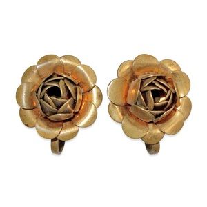 Vintage Brass Rose Flower Screw Back Earrings 3D Floral Clip On